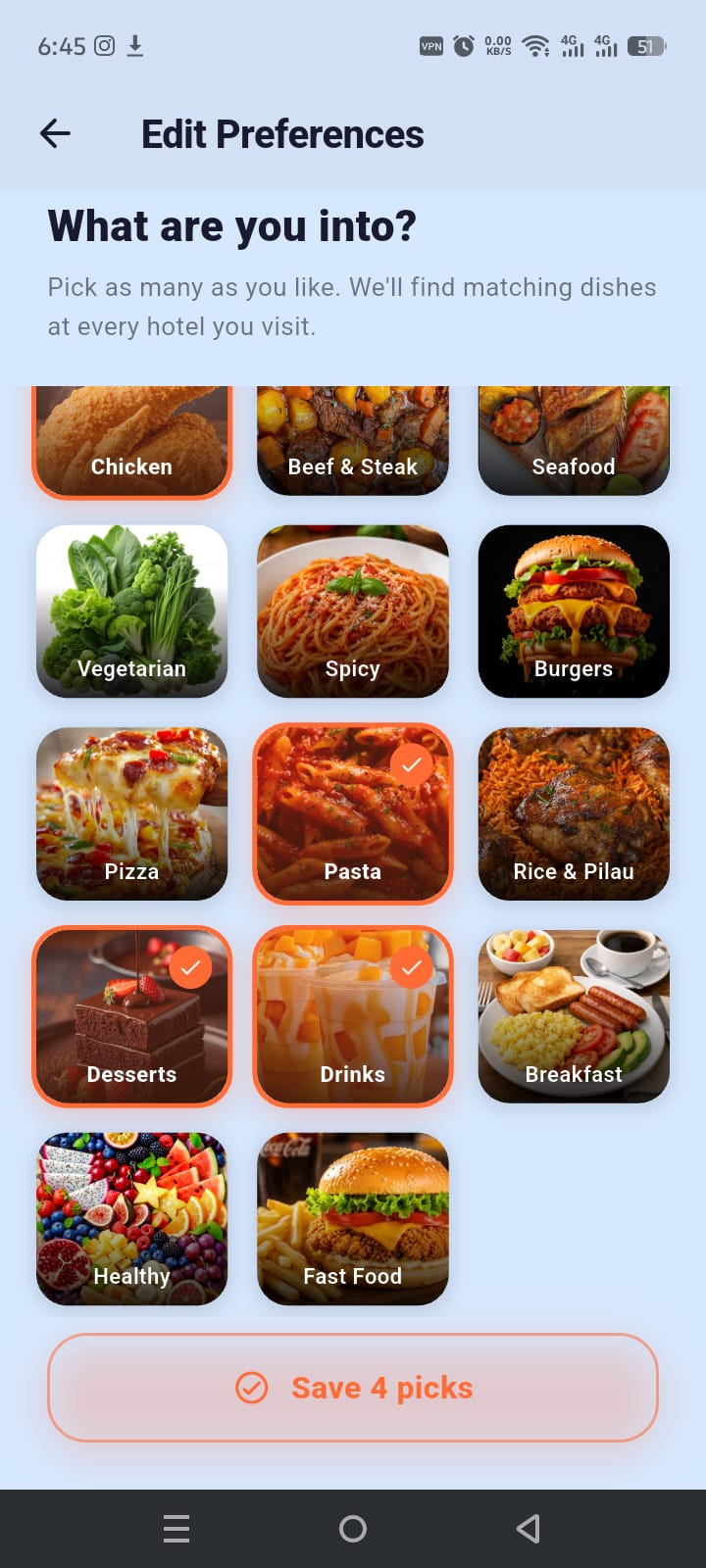 Food preference selection screen